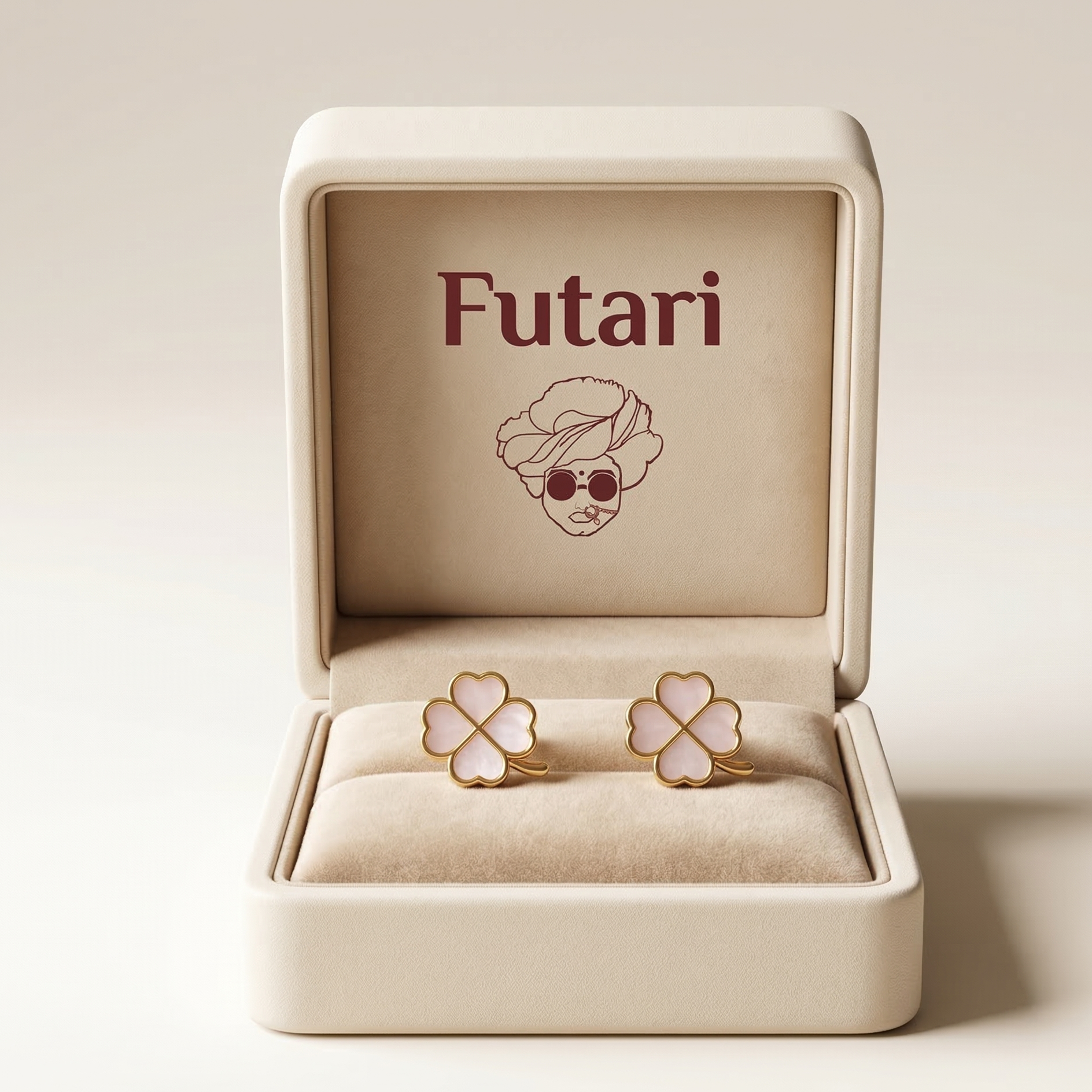 Four-leaf clover earrings in a 'Futari' branded box on a beige background
