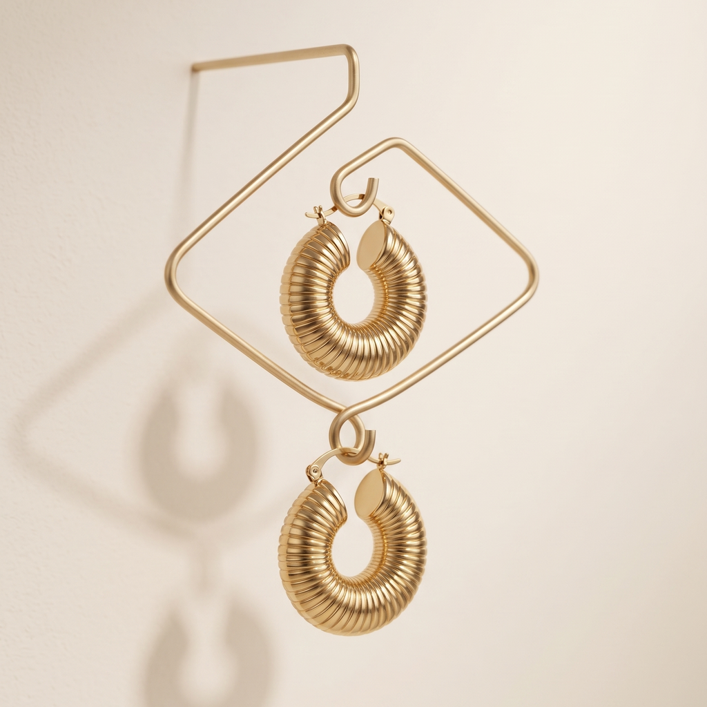 Gold hoop earrings on a beige background