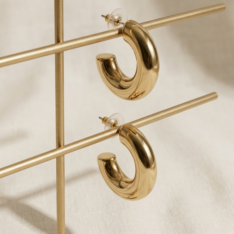Gold hoop earrings on a decorative stand with a neutral background