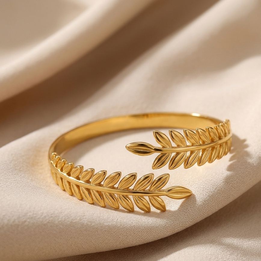 Greek Roman Laurel Leaf Bracelet || Stainless Steel Bracelet Gold Color Laurel Leaves Wheat Ears Boho Bangle Party Jewelry Christmas Gift || Rakhi Gift for Sister