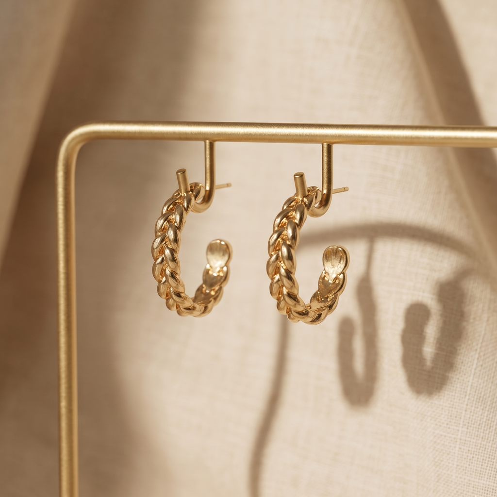 Futari Braided Rope C-Hoop Earrings - Polished Gold Finish