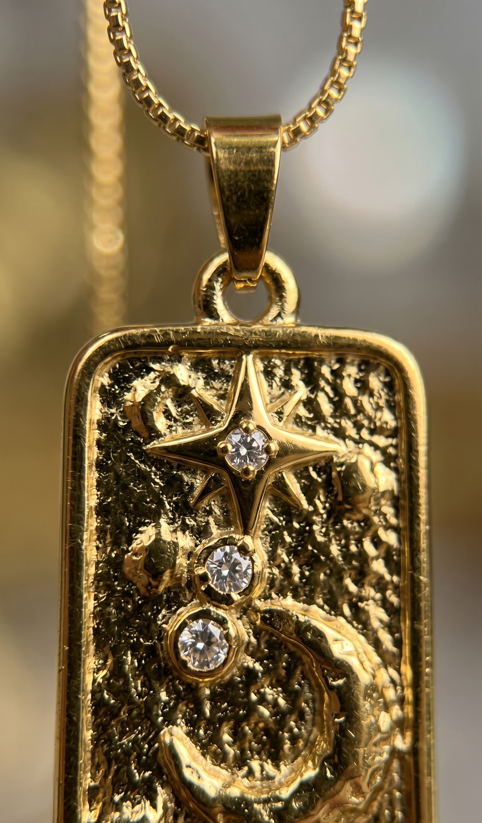 Celestial Tarot Card Anti-Tarnish Necklace – Gold Moon & Stars Medallion