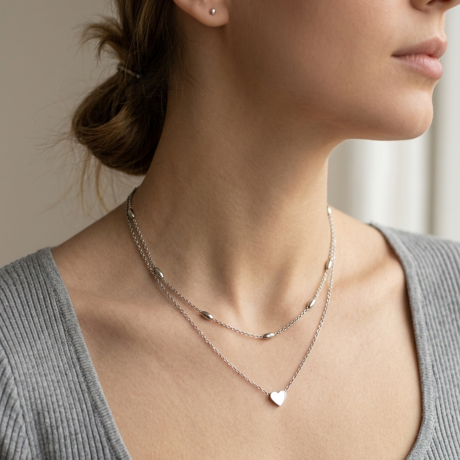 Close-up of a woman wearing a delicate necklace with a heart pendant, set against a neutral background.