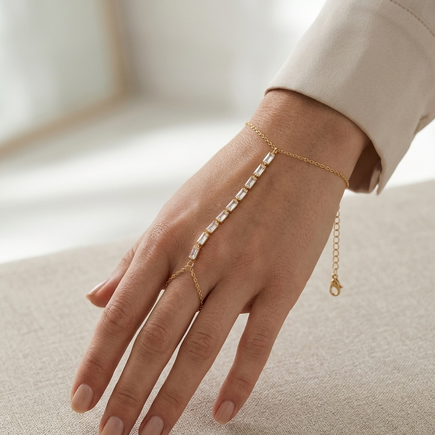 Aria Baguette Crystal Gold-Plated Hand Harness || Rakhi Gift for Sister