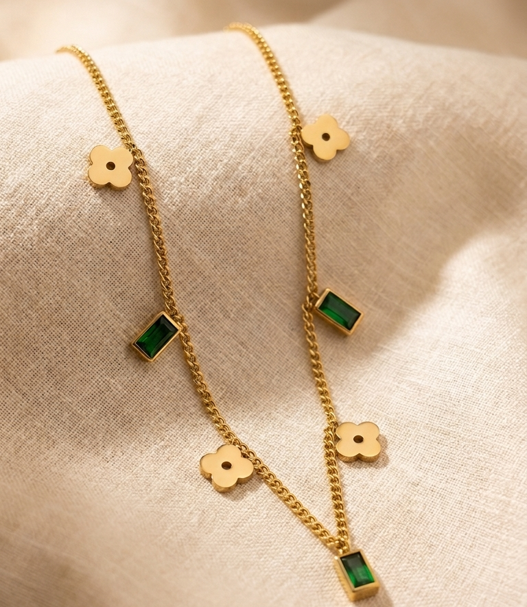 Solid Gold Emerald and Diamond Dangle Station Necklace for Women | Genuine Baguette Cut Green Emerald Adjustable Cable Chain || Rakhi Gift for Sister