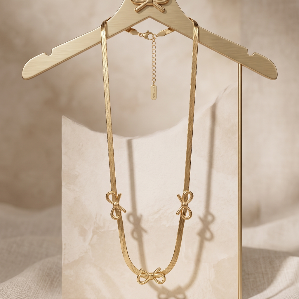 Golden Bow Trio Anti-Tarnish Necklace | 18K Gold Plated Coquette Herringbone Chain