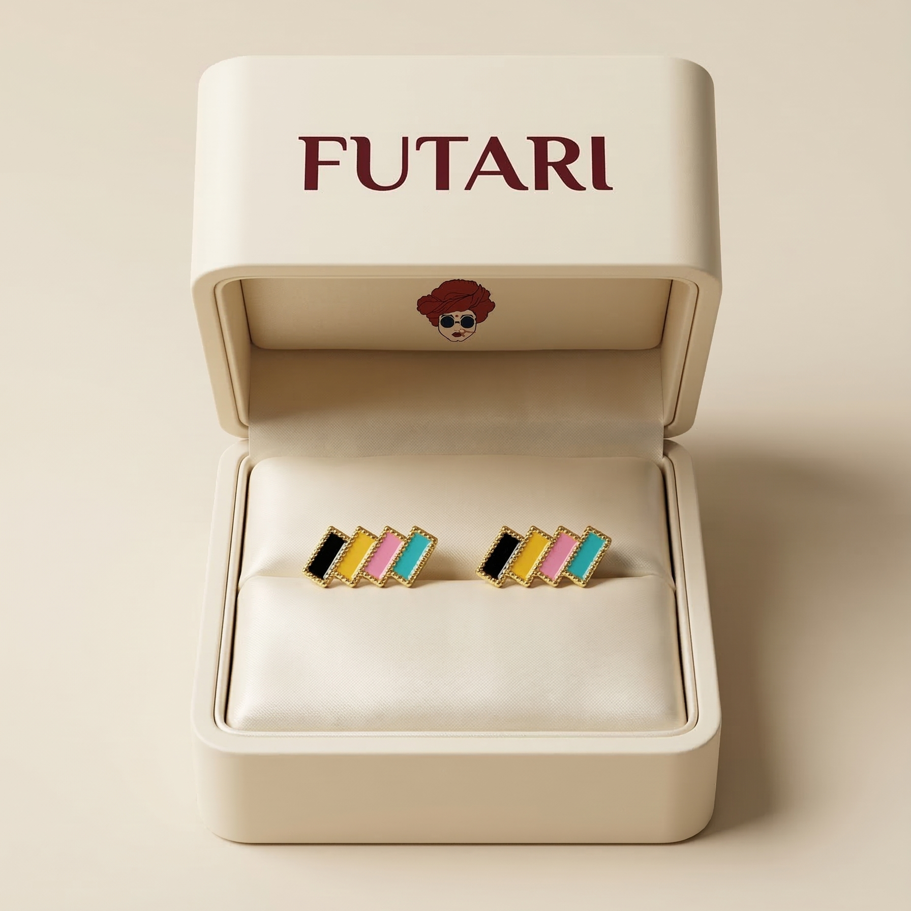 Colorful earrings in an open jewelry box with 'FUTARI' branding.