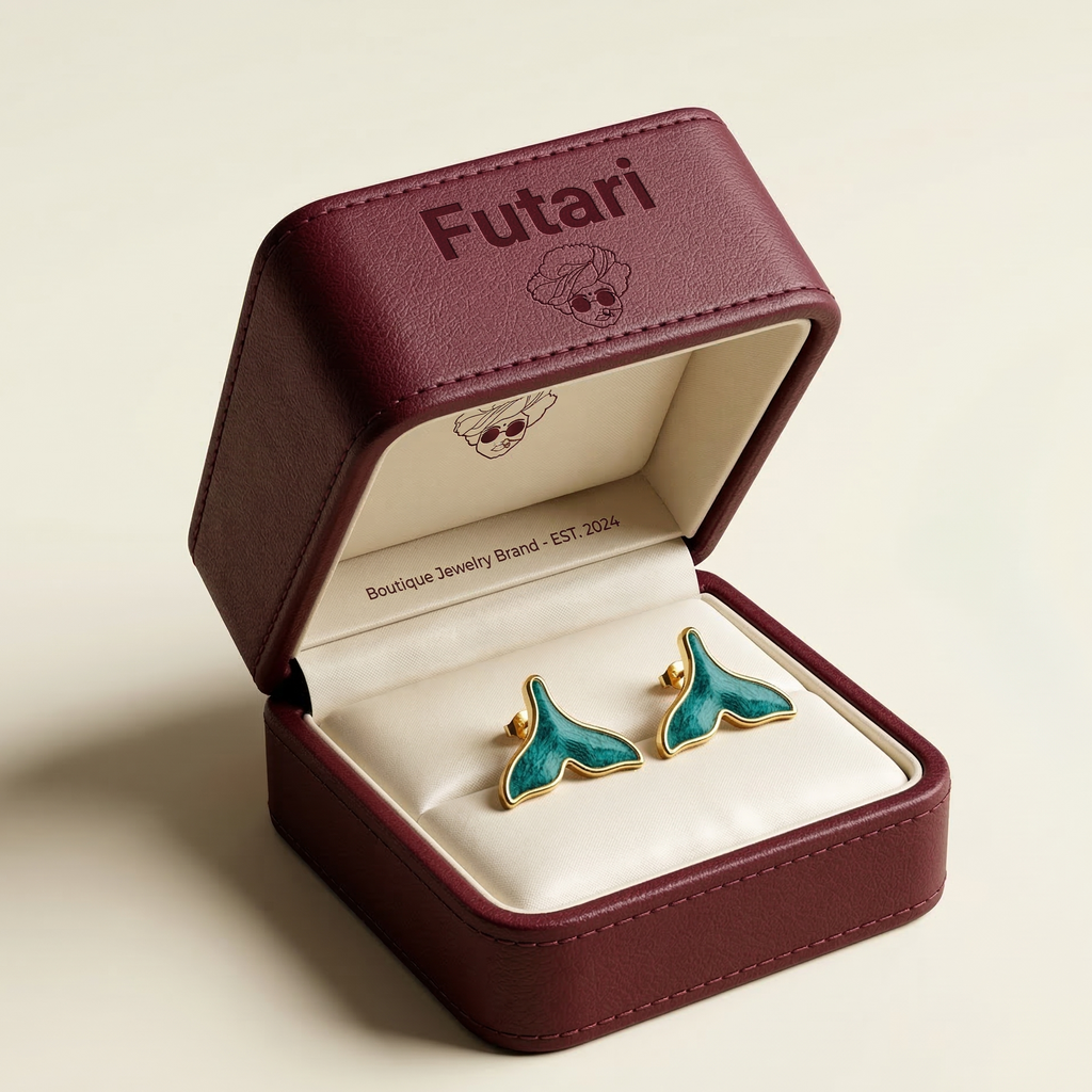 Turquoise earrings in a maroon 'Futari' jewelry box on a beige background
