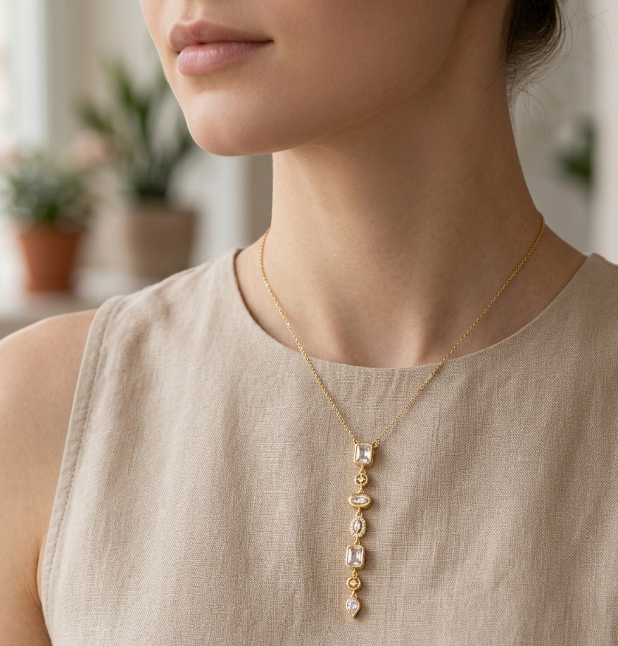 Multi-cut White Crystals Stones Golden Chain Y Necklace Waterproof Anti Tarnish 18K Gold Plated Spectrum Charm Necklace Chunky Layered white Rhinestone Jewelry for Women || Rakhi Gift for Sister