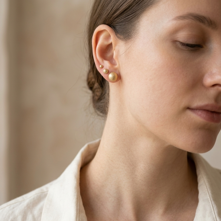 Close-up of a woman wearing pearl earrings with a neutral background