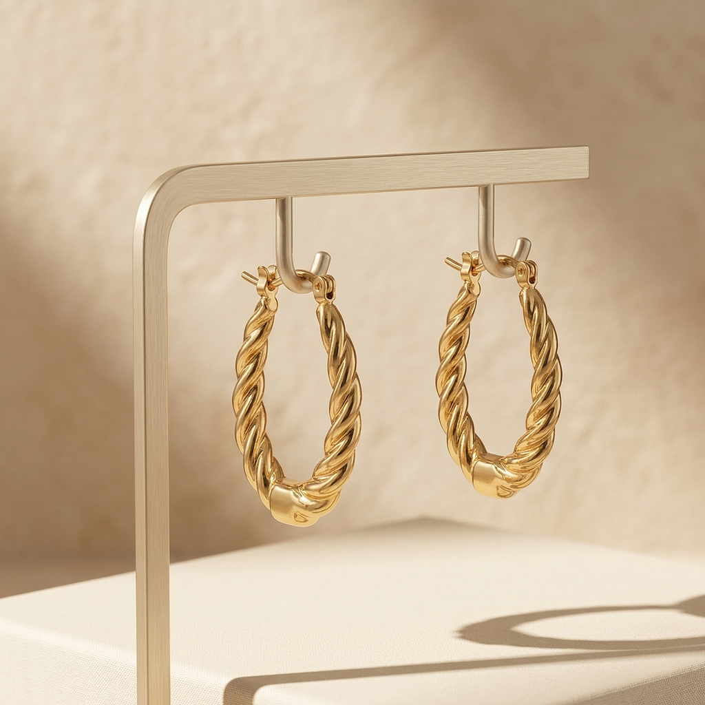 Gold hoop earrings on a stand with a neutral background