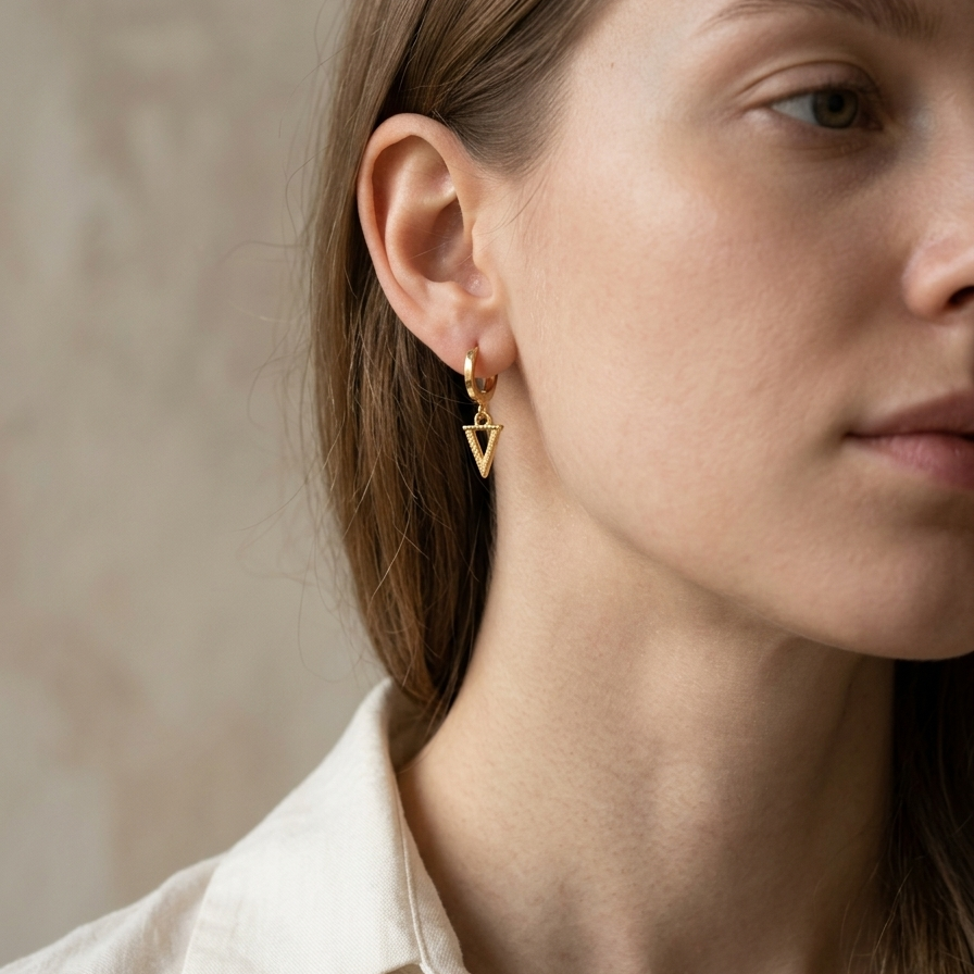 Close-up of a woman wearing gold triangular earrings against a neutral background