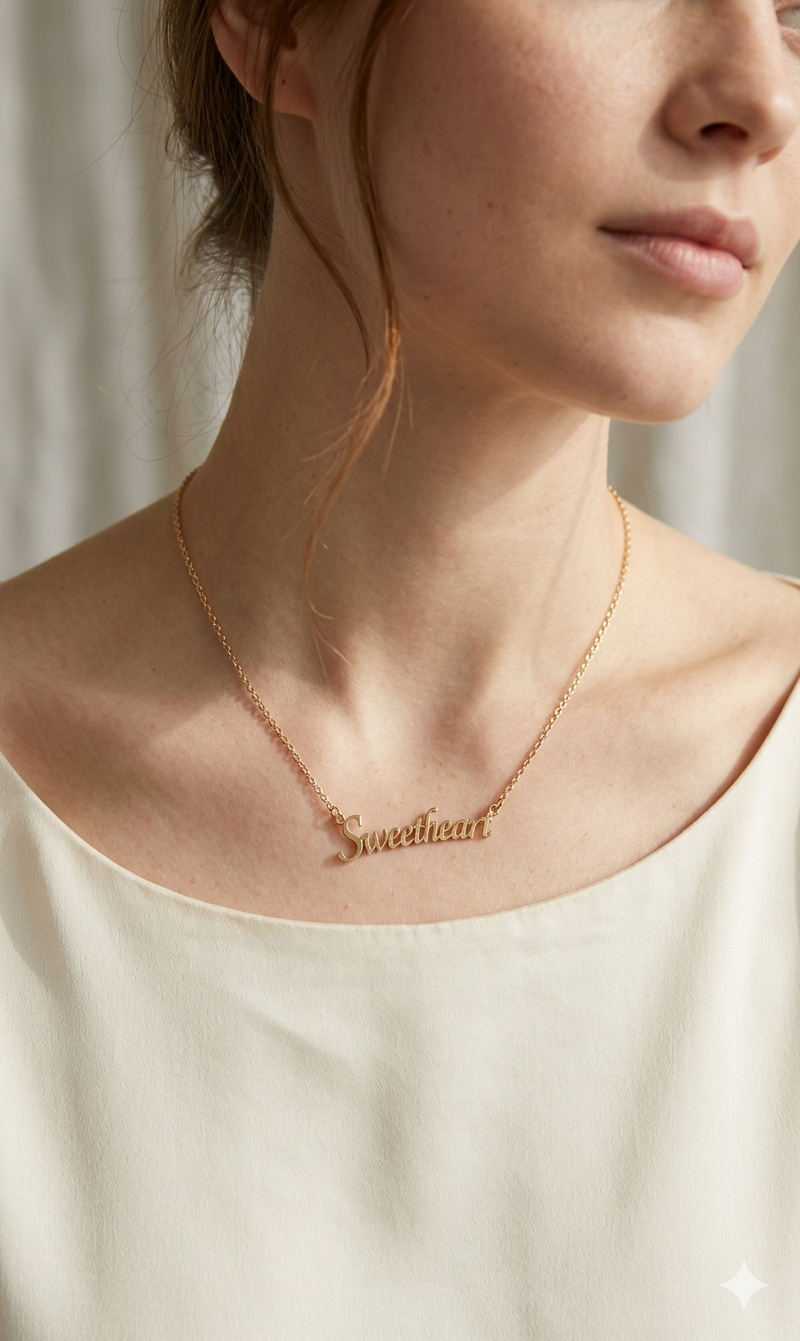 Person wearing a gold necklace with 'universale' pendant on a plain background