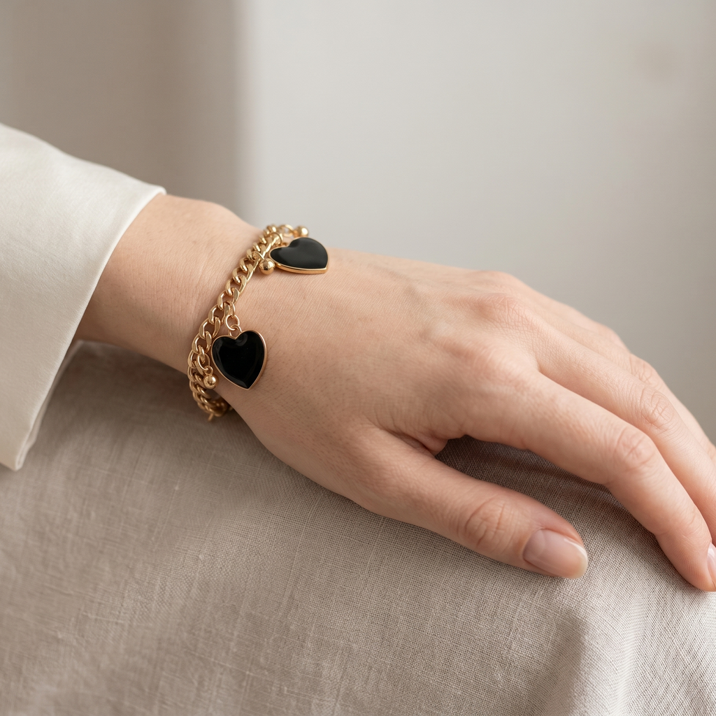 Midnight Love Heart Charm Bracelet – 18K Gold Plated Curb Chain