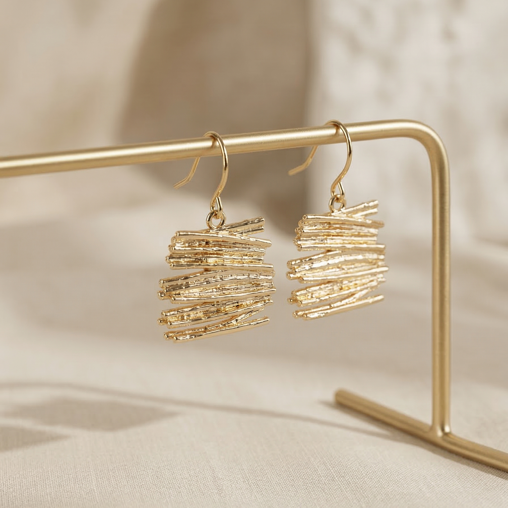 Gold earrings on a gold stand against a beige background