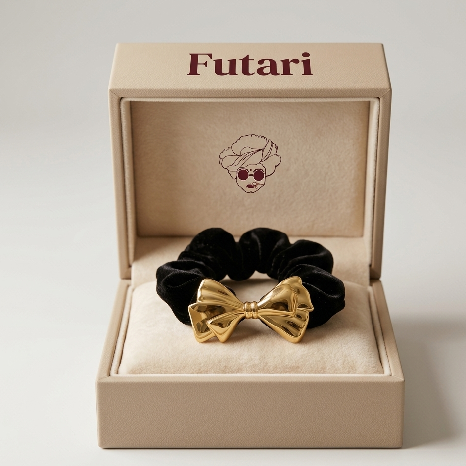 Black scrunchie with gold bow in an open beige 'Futari' box.