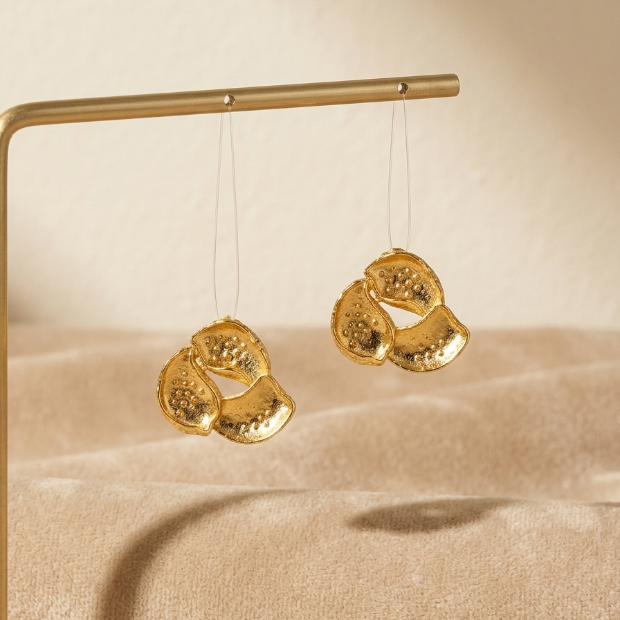 Gold earrings hanging on a beige background