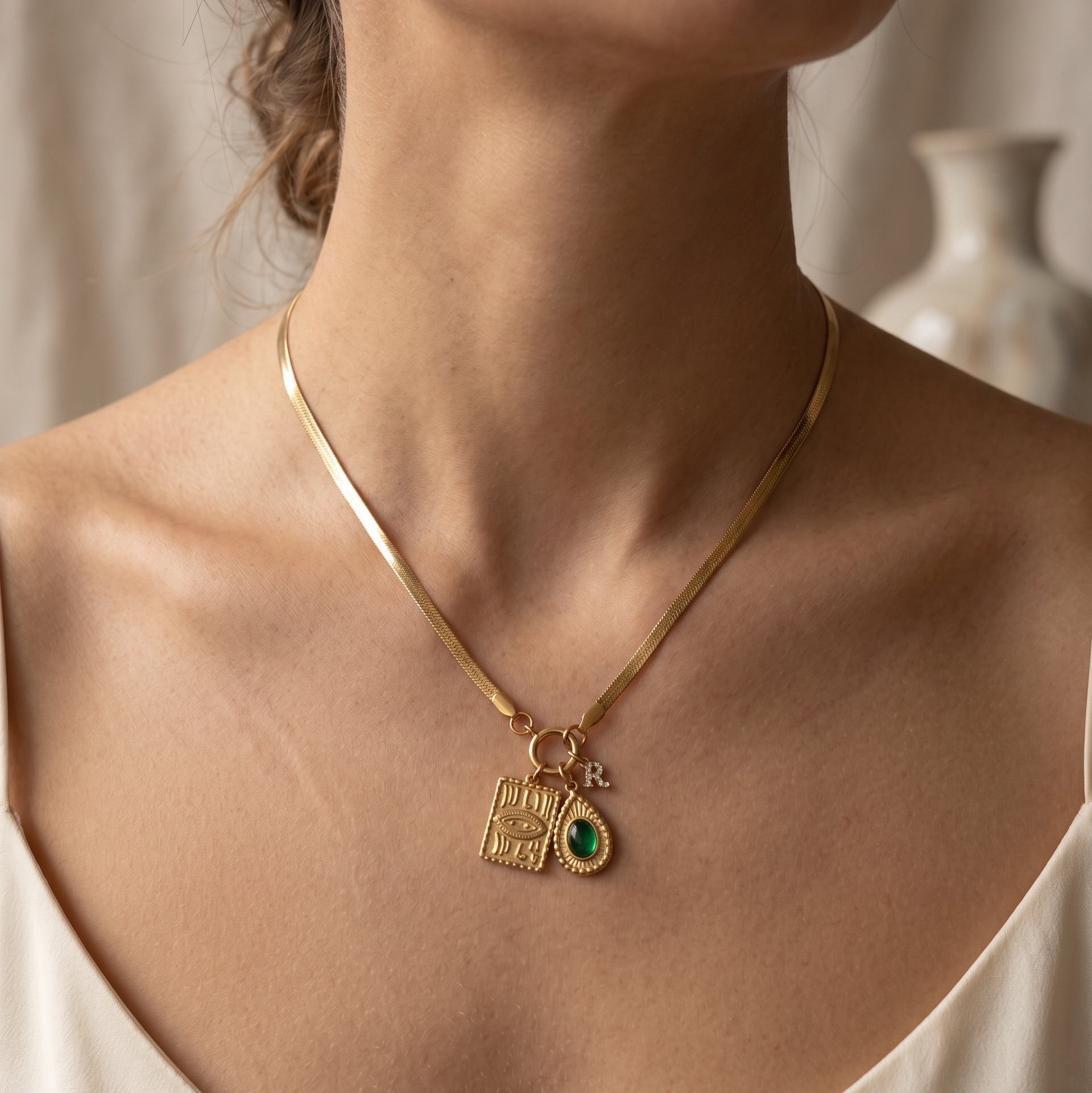 Personalized Anti-Tarnish Golden Herringbone Necklace – Custom Initial & Talisman Charm Cluste