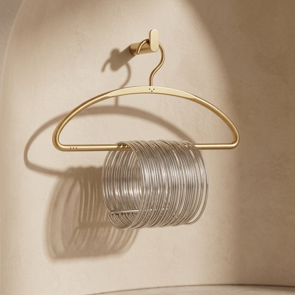 Gold hanger with clear glass discs on a beige background