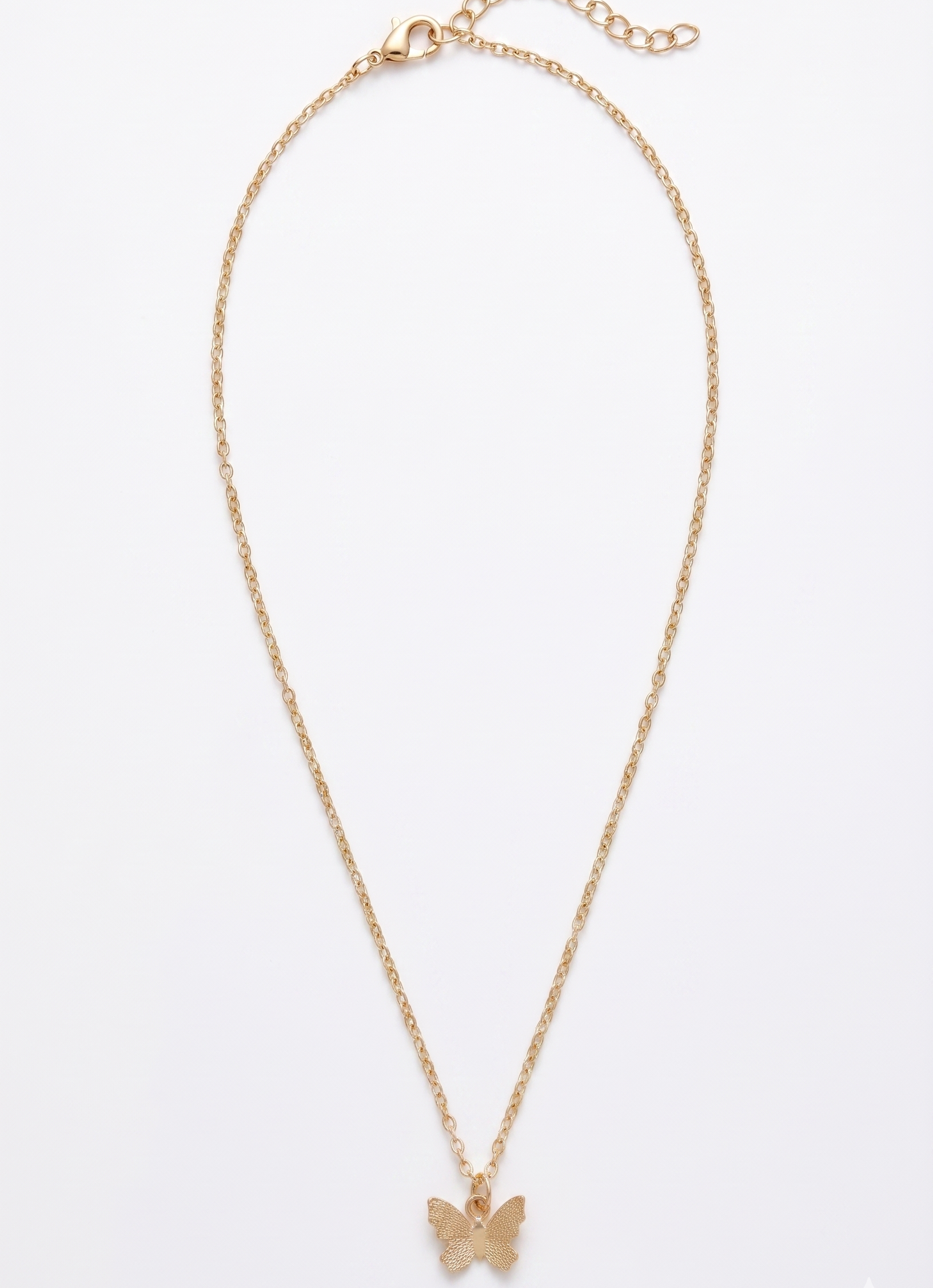 Gold butterfly necklace on a white background