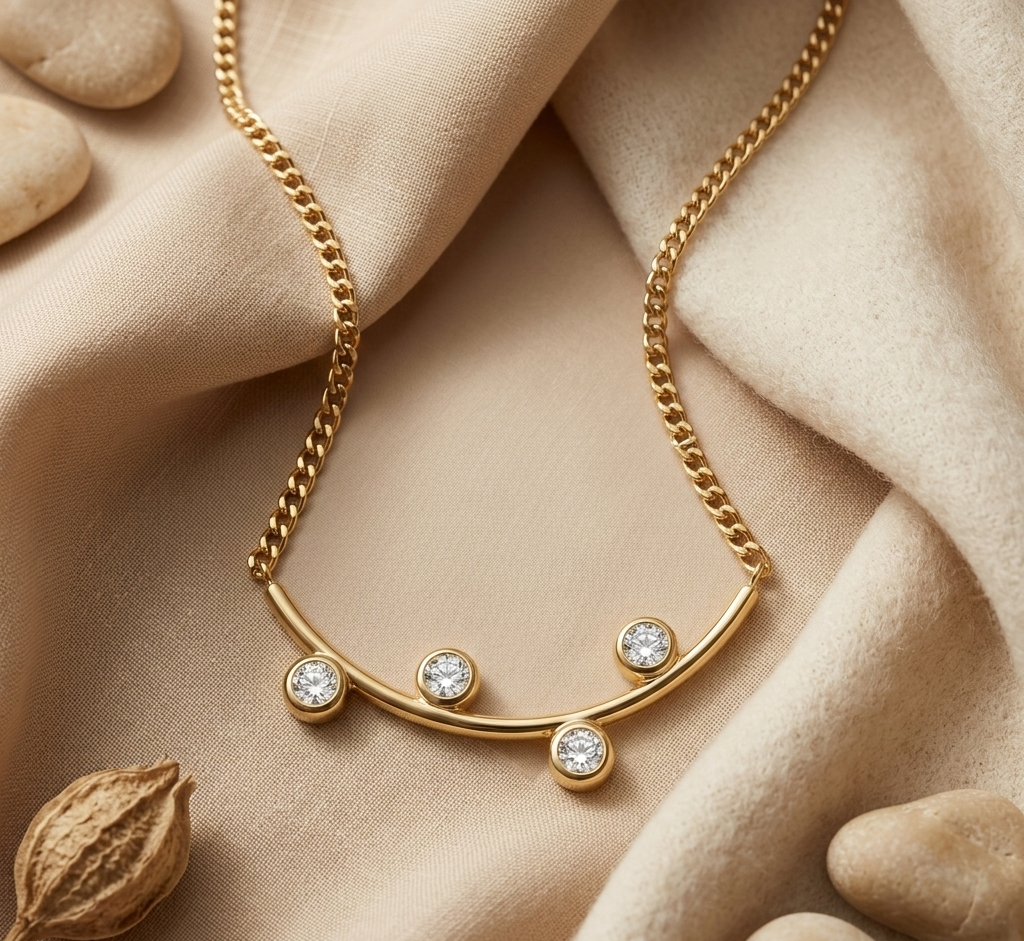 Gold necklace with diamonds on a beige fabric background