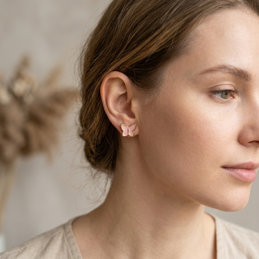 Pastel Pink Enamel Butterfly Stud Earrings - 14k Gold Plated Dainty Insect Post Earrings