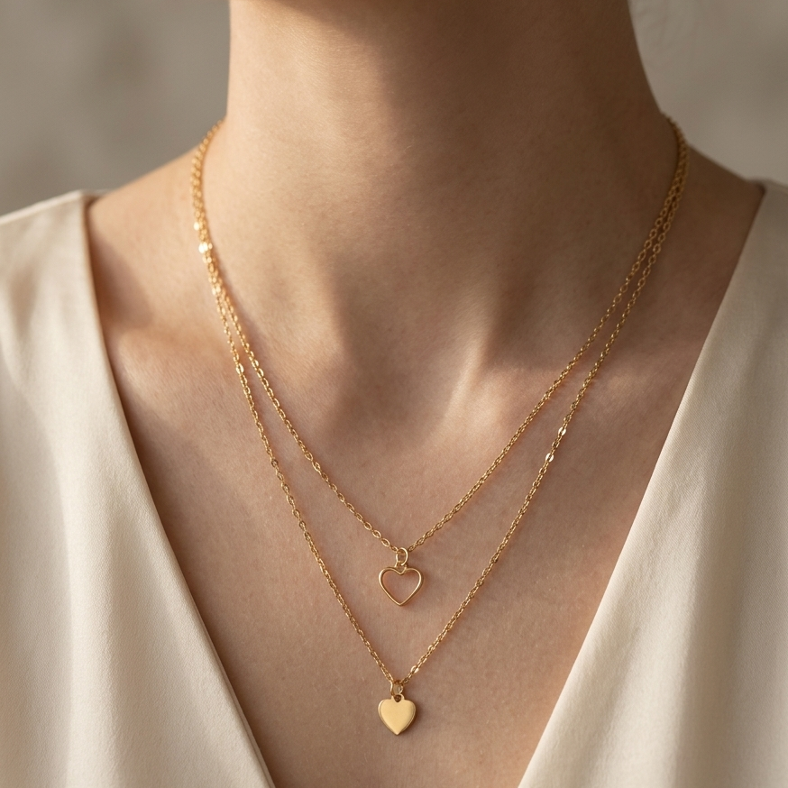 Close-up of a person wearing a gold necklace with heart pendants on a neutral background