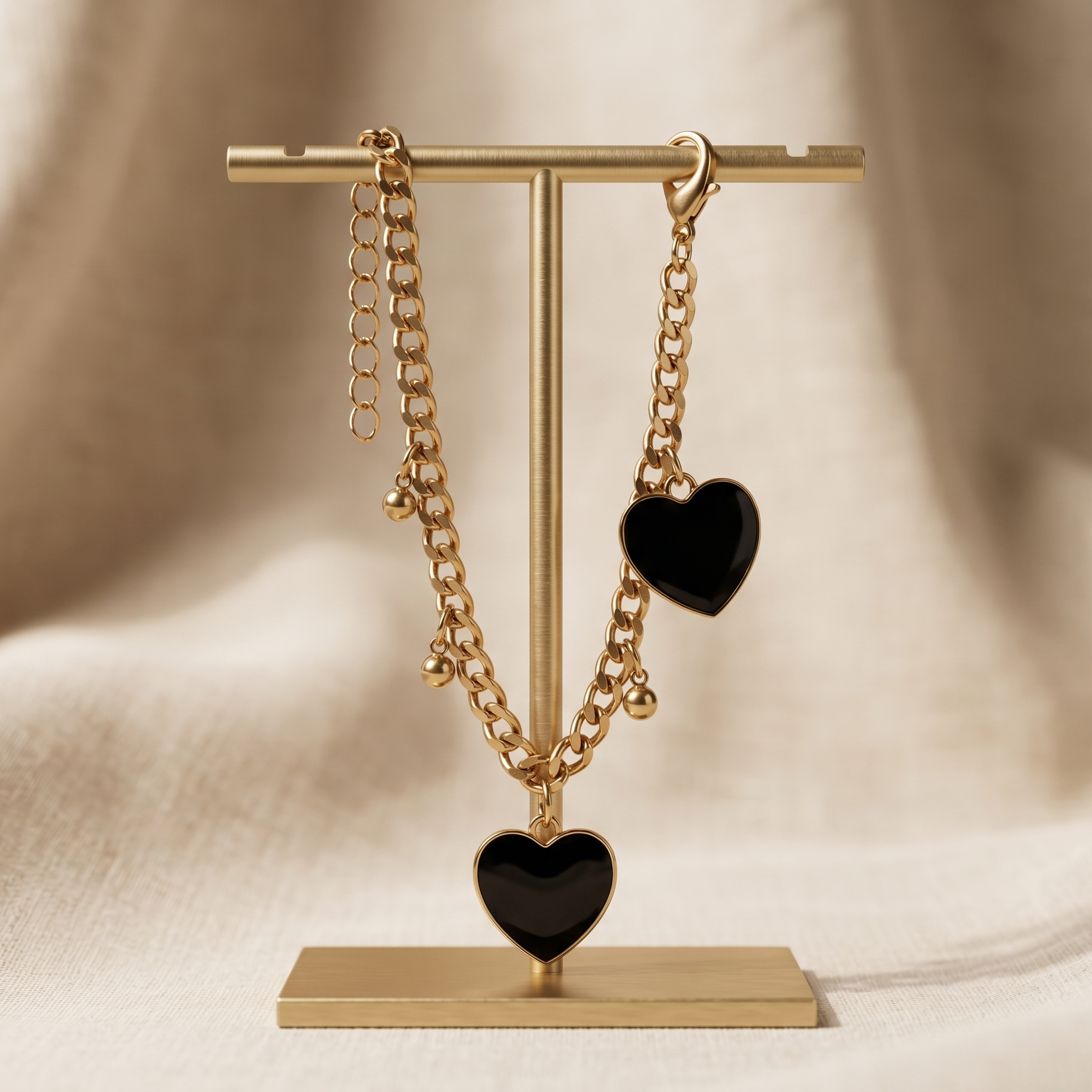 Midnight Love Heart Charm Bracelet – 18K Gold Plated Curb Chain
