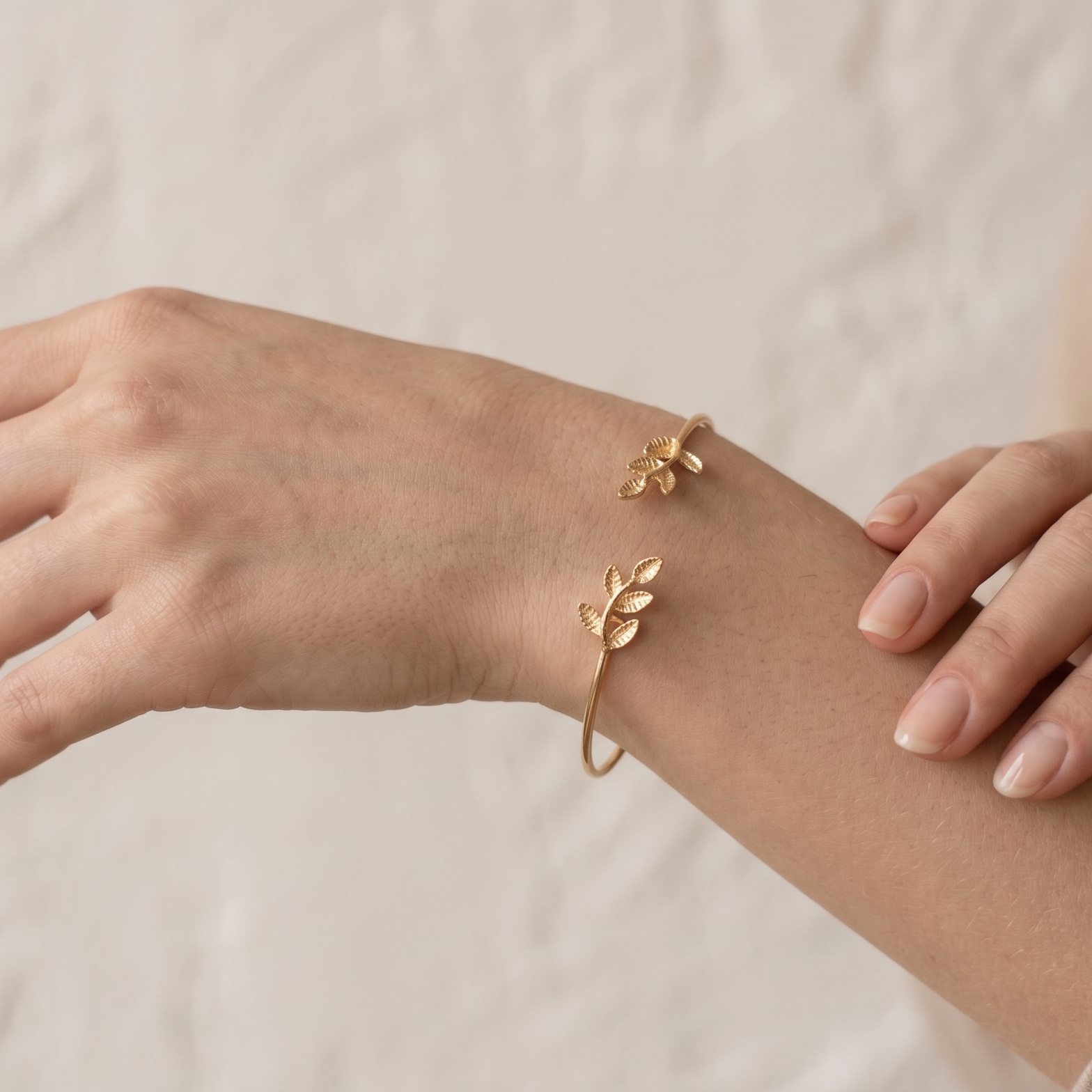 Golden Olive Branch Cuff Bracelet – Nature-Inspired Minimalist Bangle