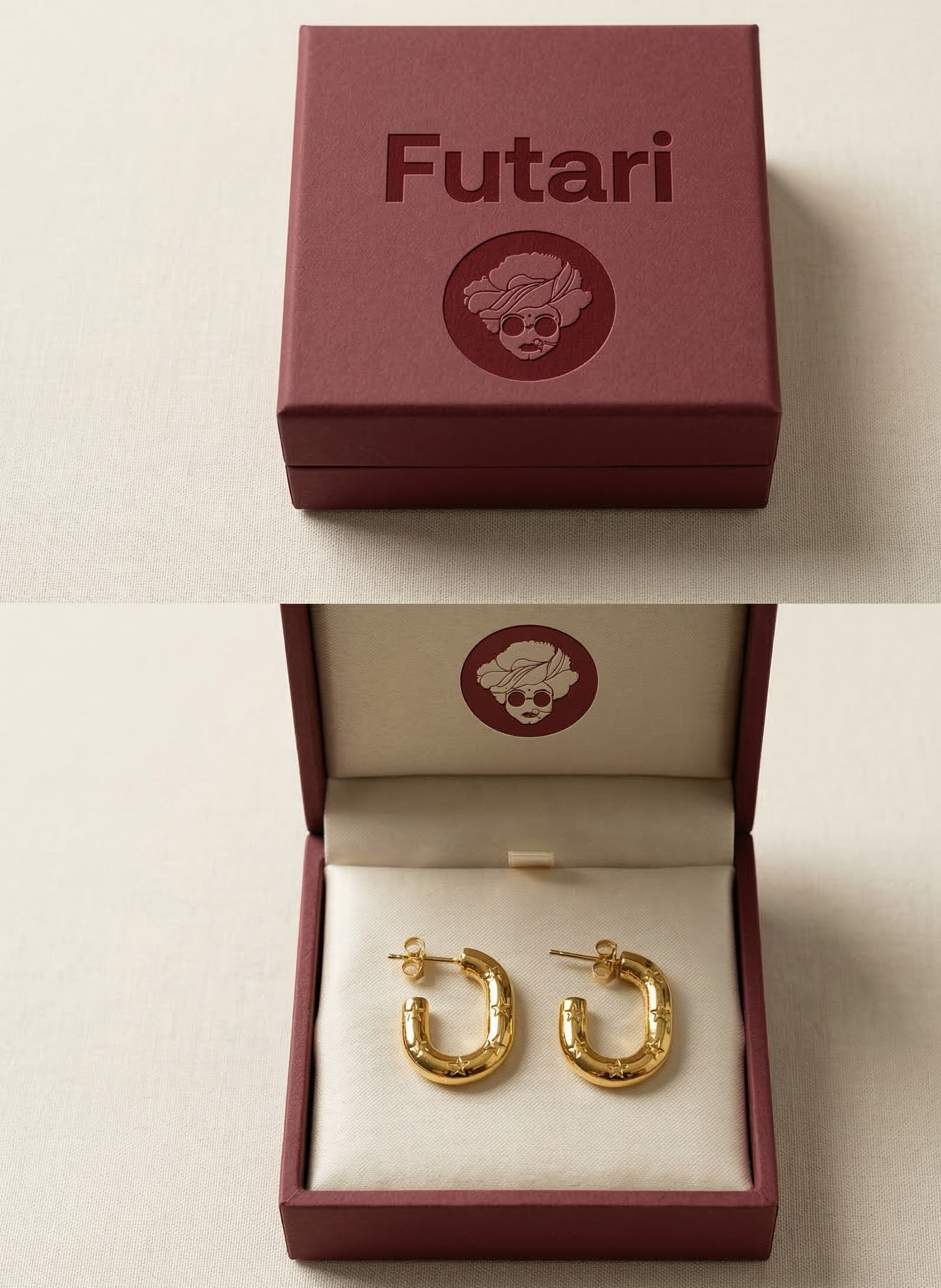 Gold hoop earrings in an open red box with 'Futari' branding.