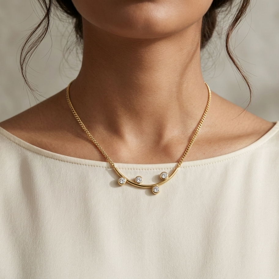 Gold necklace with small stones worn by a person on a neutral background