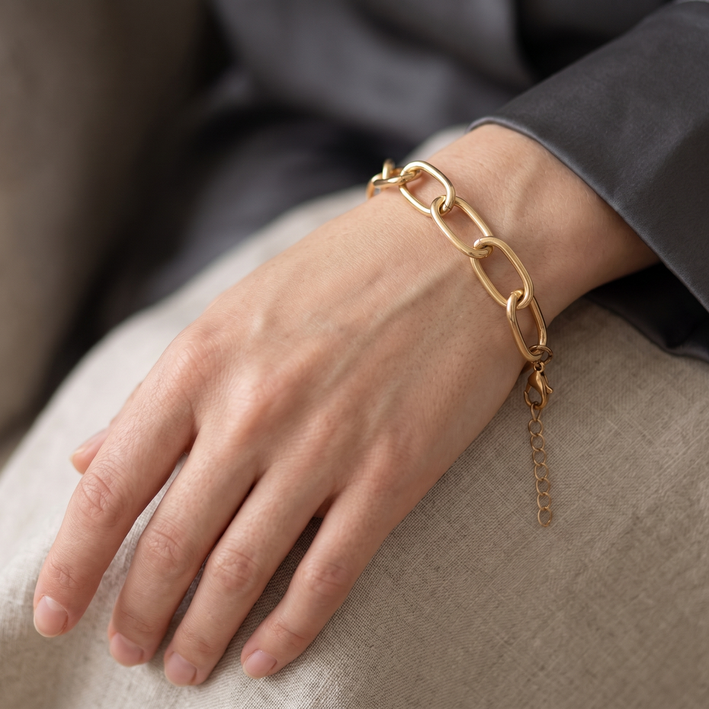 Chunky Golden Oval Link Statement Bracelet – Adjustable Paperclip Chain