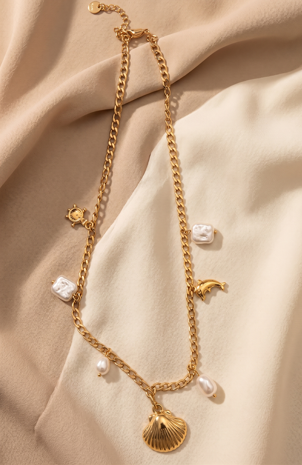 Aegean Sea Shell & Baroque Pearl Charm Link Necklace