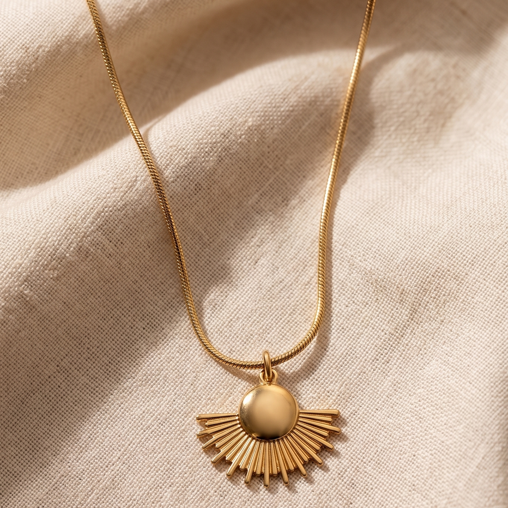 Golden Sunburst Anti-Tarnish Necklace – Modern Art Deco Pendant
