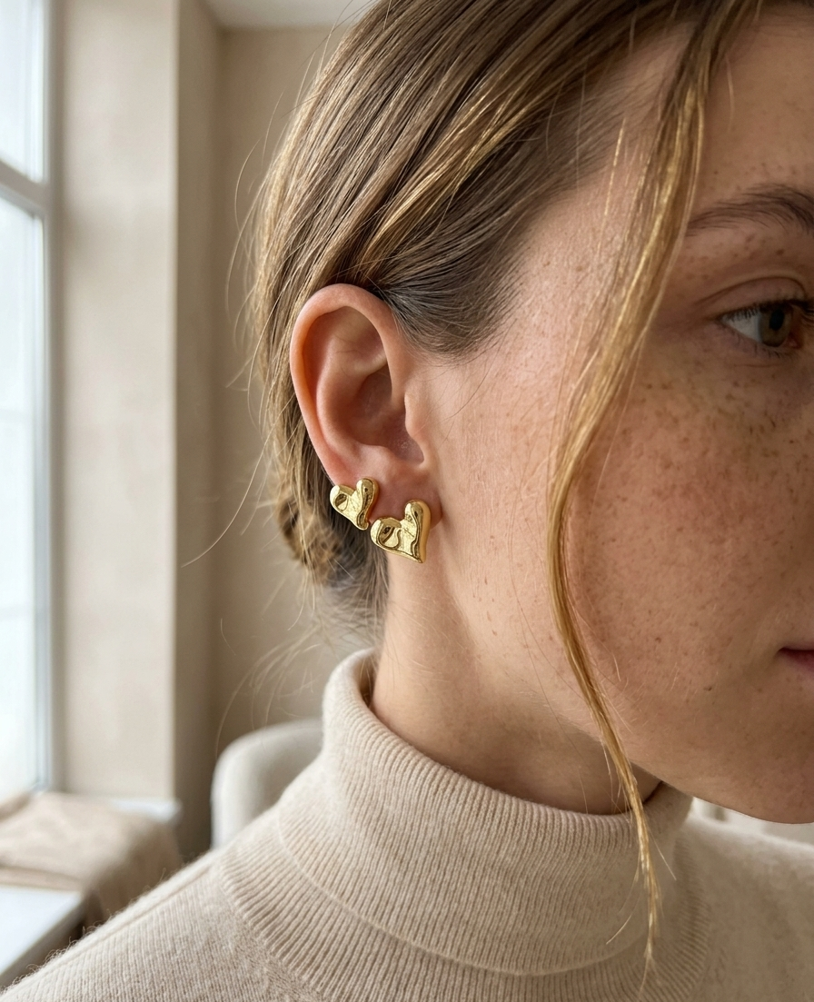 Close-up of a person wearing gold heart-shaped earrings indoors.