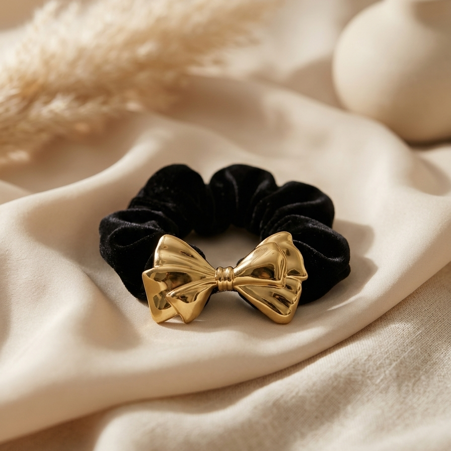 Black scrunchie with a gold bow on a beige fabric background
