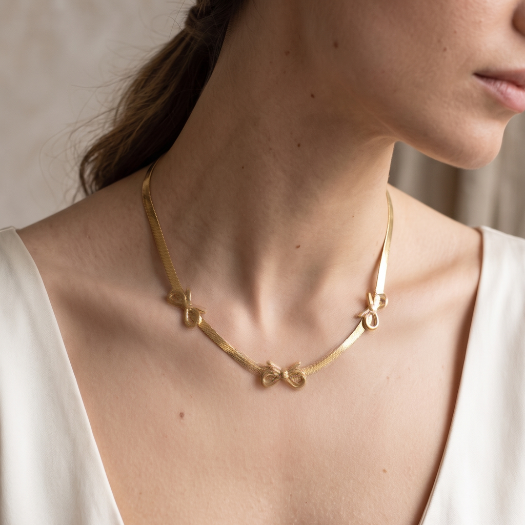 Golden Bow Trio Anti-Tarnish Necklace | 18K Gold Plated Coquette Herringbone Chain