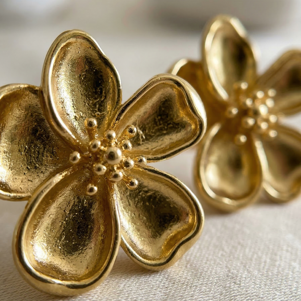 Close-up of a pair of gold flower-shaped earrings on a light fabric background