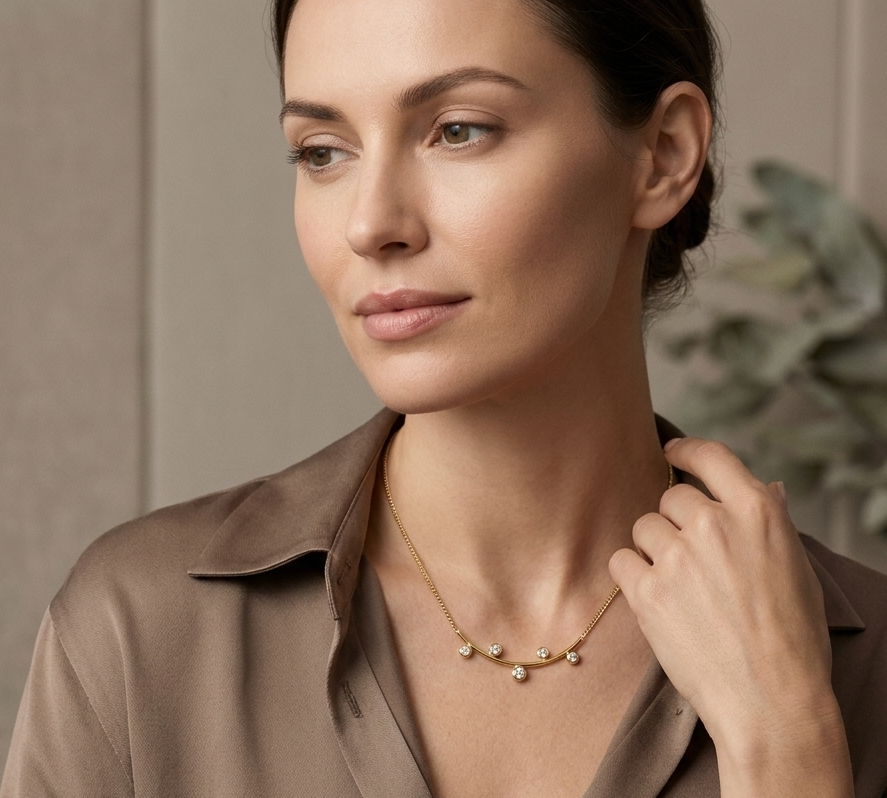 Woman wearing a gold necklace and bracelet against a neutral background