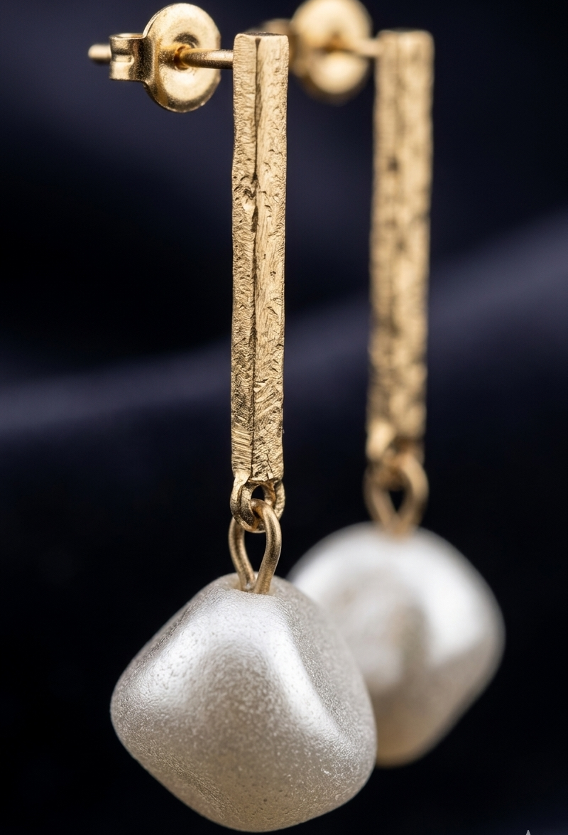Gold earrings with silver dangling stones on a dark background