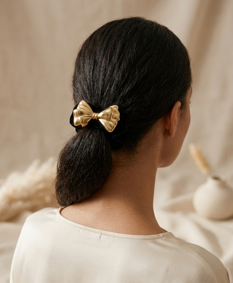 Person with a gold bow in their hair against a neutral background