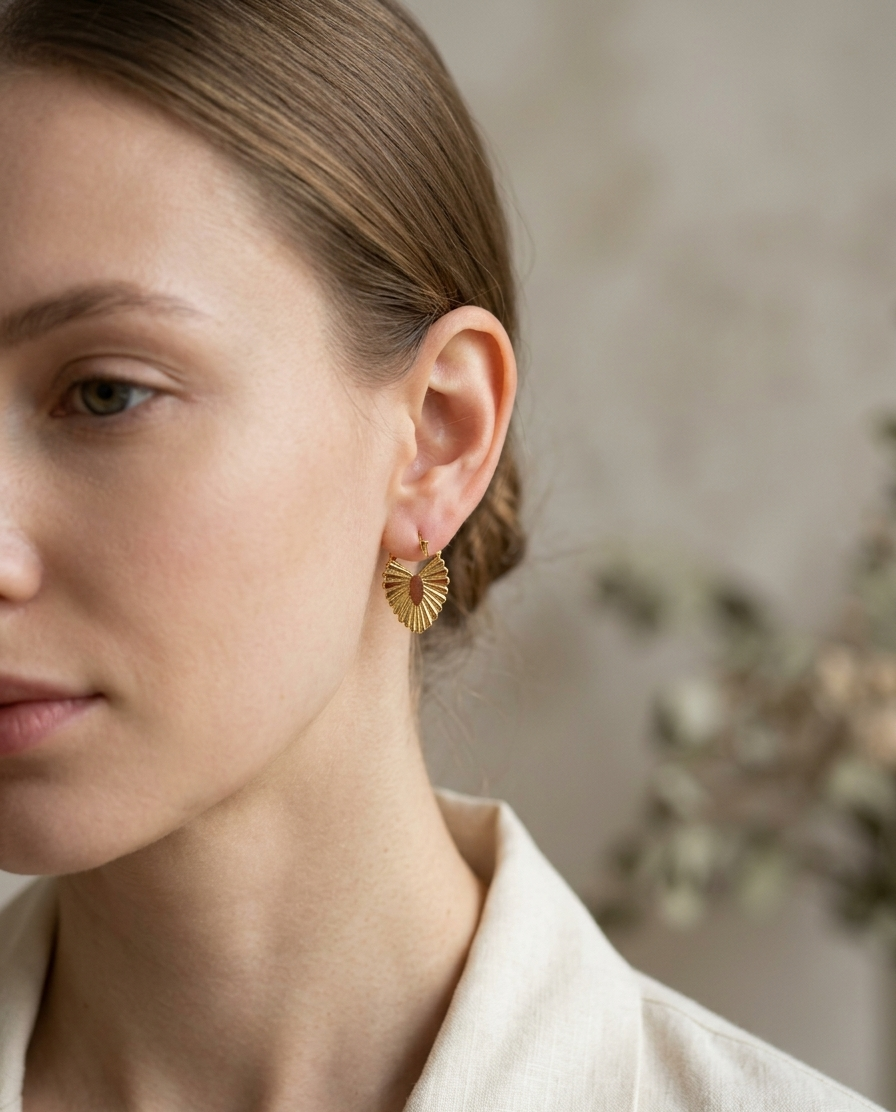 Close-up of a woman wearing gold earrings with a neutral background