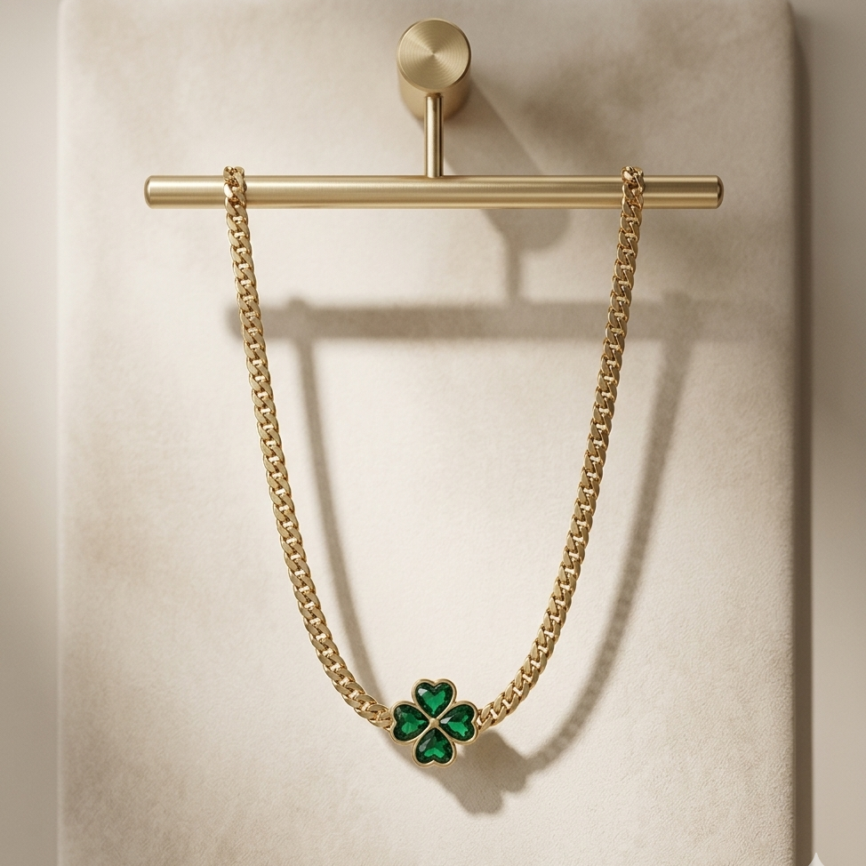 Gold necklace with a clover-shaped green gemstone pendant on a beige background