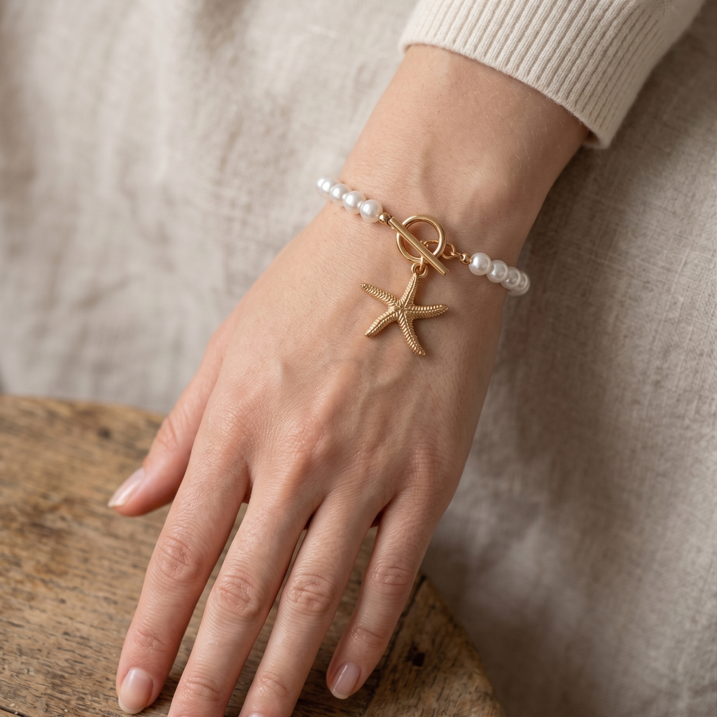 Hand wearing a bracelet with a starfish charm on a wooden surface