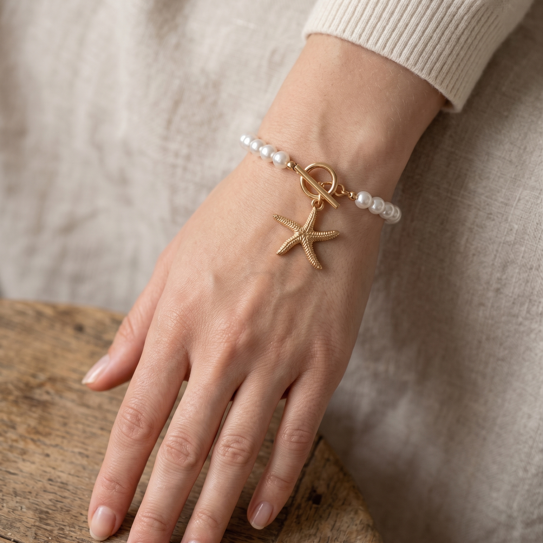 Hand wearing a bracelet with a starfish charm on a wooden surface