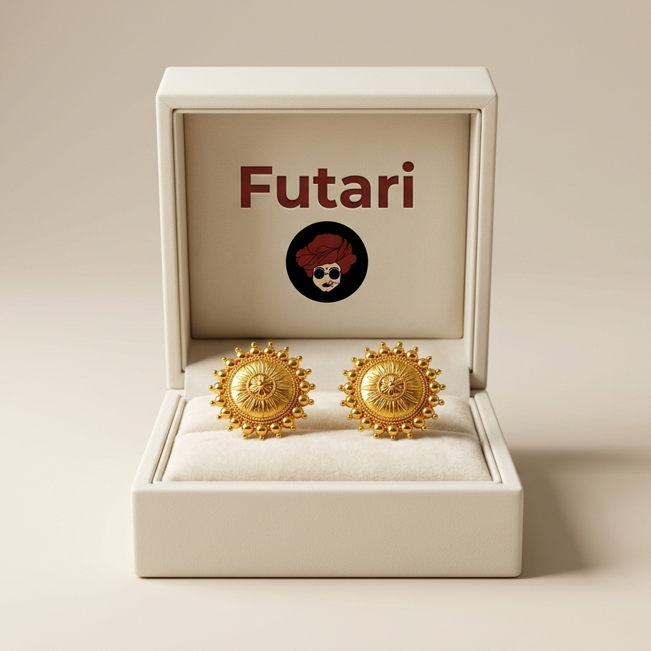Gold earrings in an open 'Futari' jewelry box on a beige background