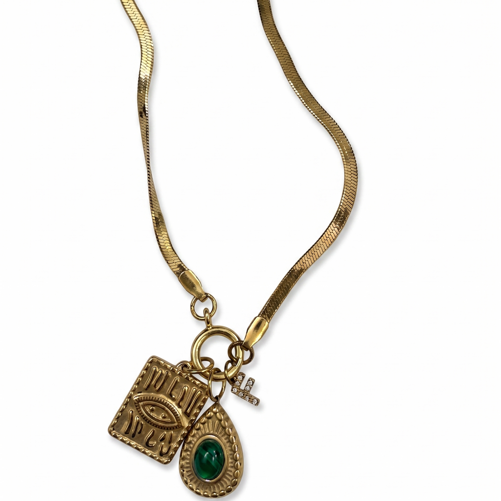 Personalized Anti-Tarnish Golden Herringbone Necklace – Custom Initial & Talisman Charm Cluste