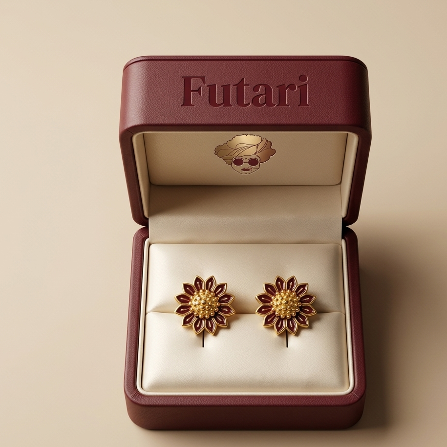 Pair of floral earrings in an open jewelry box with 'Futari' branding.