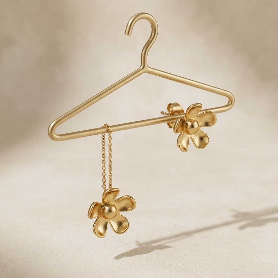 Gold flower-shaped earrings on a gold hanger against a beige background