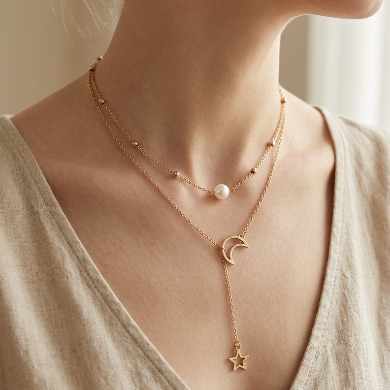 Close-up of a person wearing a delicate gold necklace with various pendants.